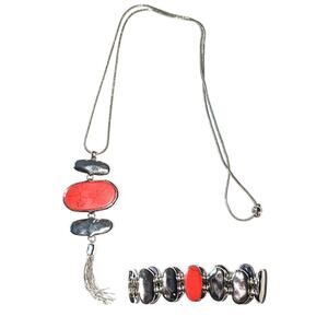 Silver Tone Reversible Stone Necklace Pendant Bracelet Set Blue Red 26 in